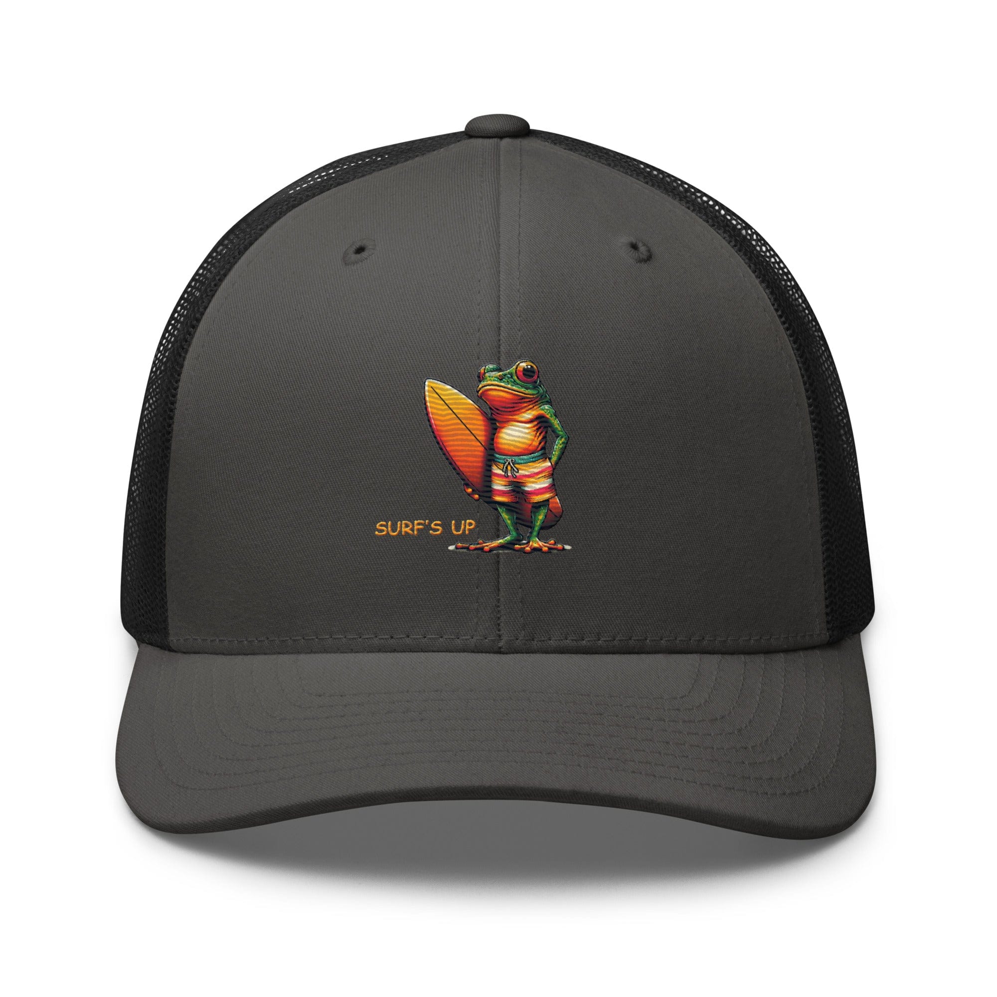 Surfs Up Surfing Frog Embroidered Trucker Cap by Trini Skies, Adjustable Mesh Back Cap - Triniskies