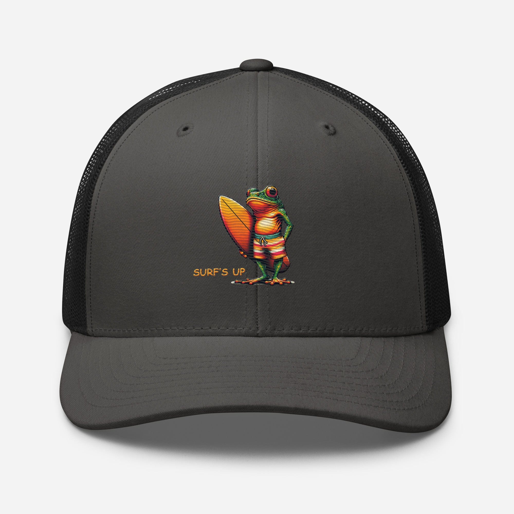 Surfs Up Surfing Frog Embroidered Trucker Cap by Trini Skies, Adjustable Mesh Back Cap - Triniskies