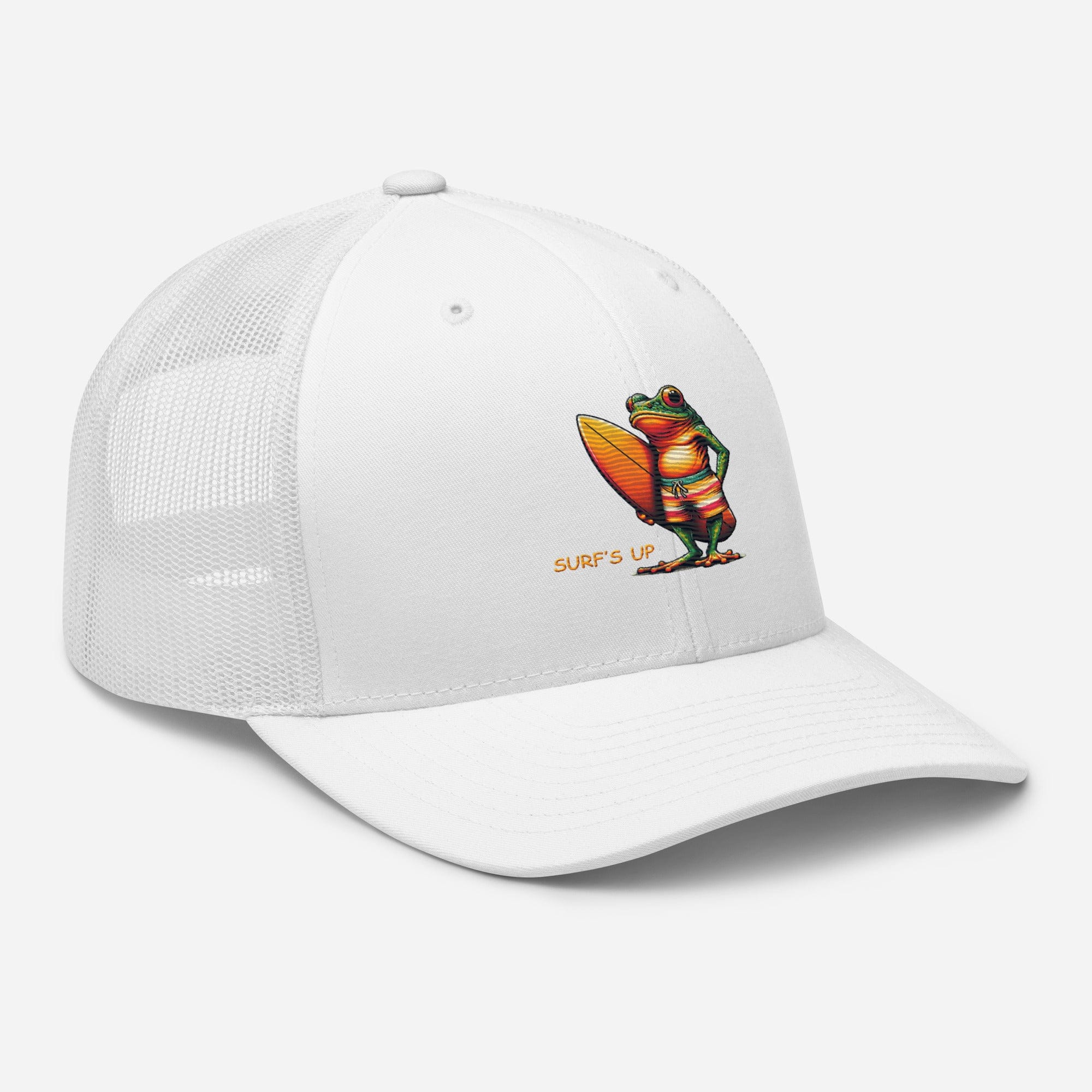 Surfs Up Surfing Frog Embroidered Trucker Cap by Trini Skies, Adjustable Mesh Back Cap - Triniskies