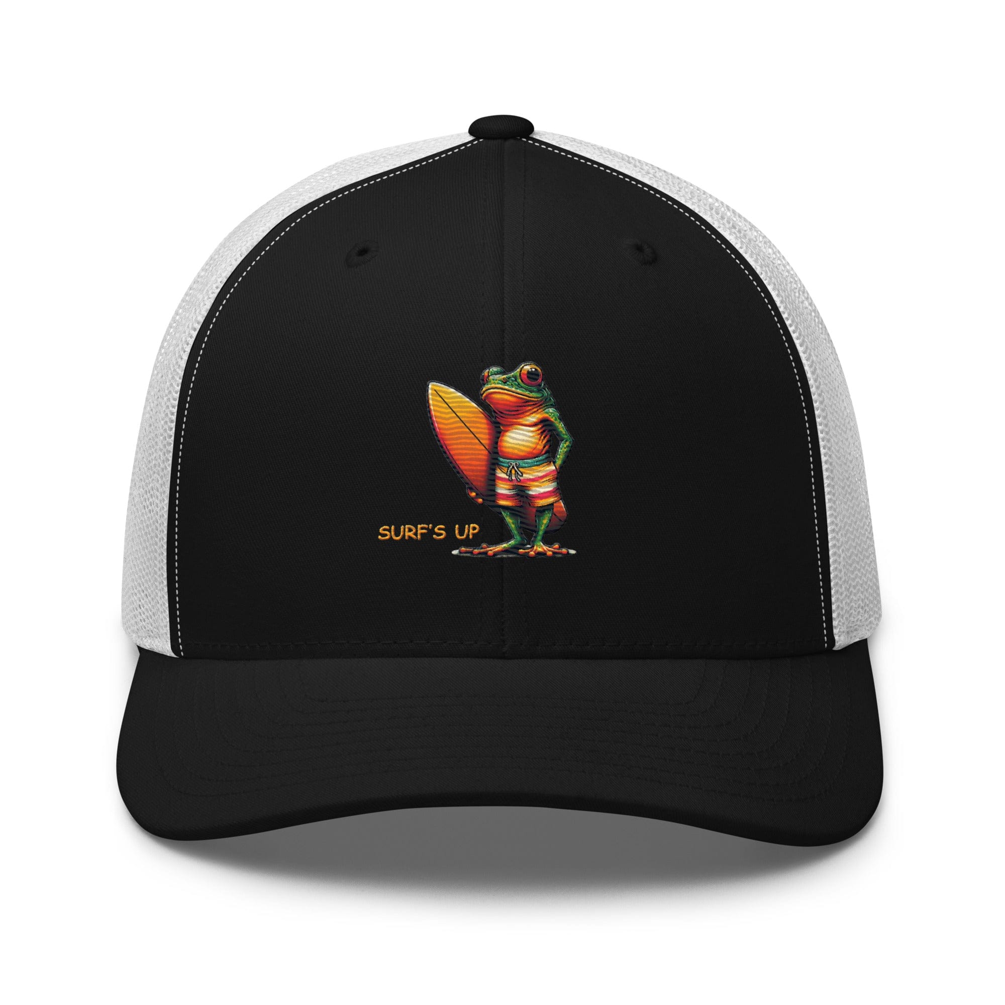Surfs Up Surfing Frog Embroidered Trucker Cap by Trini Skies, Adjustable Mesh Back Cap - Triniskies