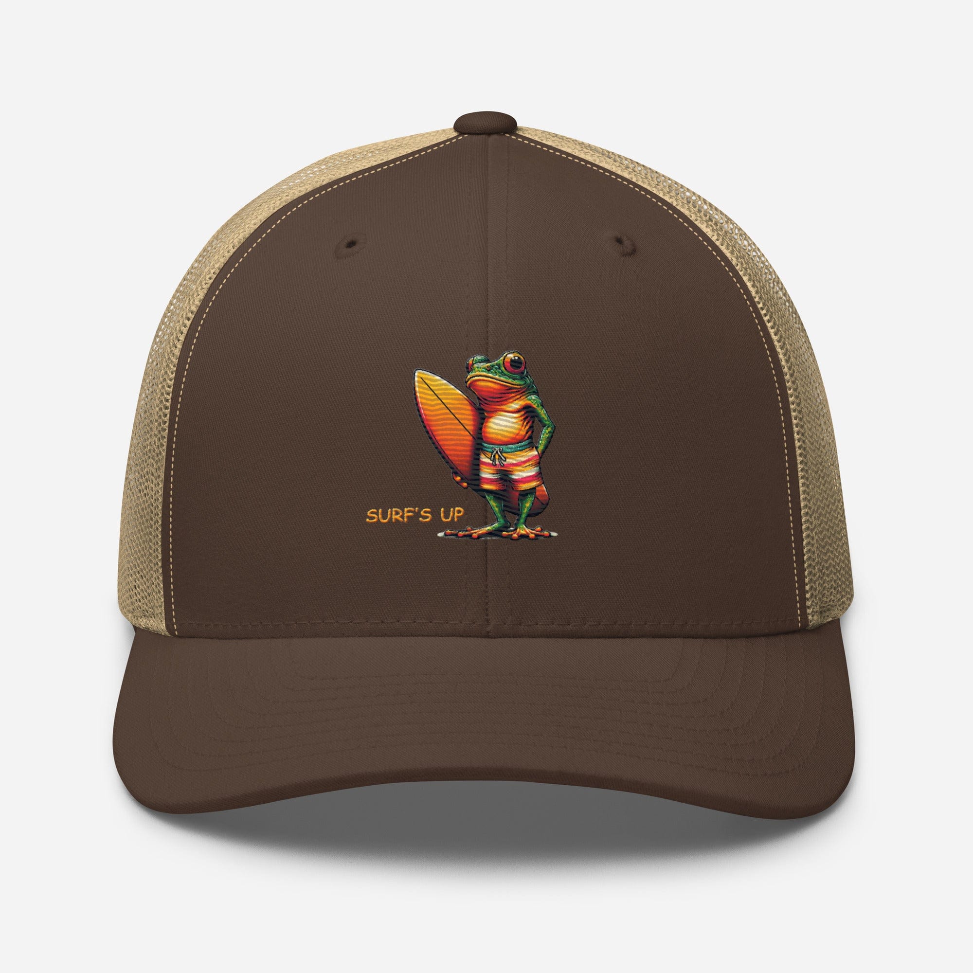 Surfs Up Surfing Frog Embroidered Trucker Cap by Trini Skies, Adjustable Mesh Back Cap - Triniskies