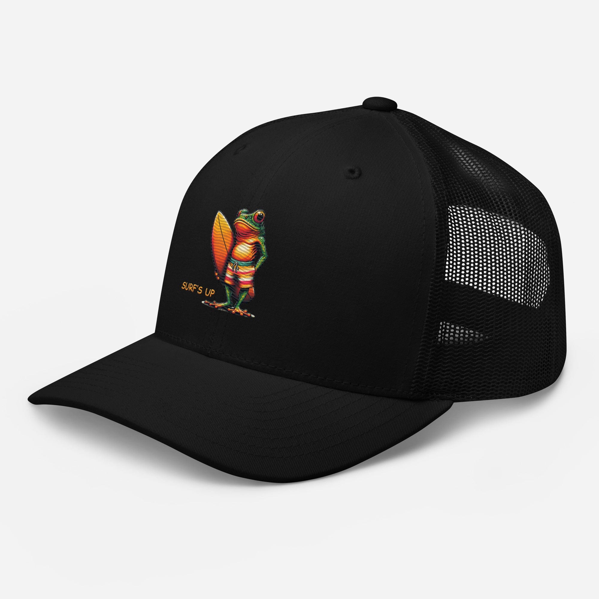 Surfs Up Surfing Frog Embroidered Trucker Cap by Trini Skies, Adjustable Mesh Back Cap - Triniskies