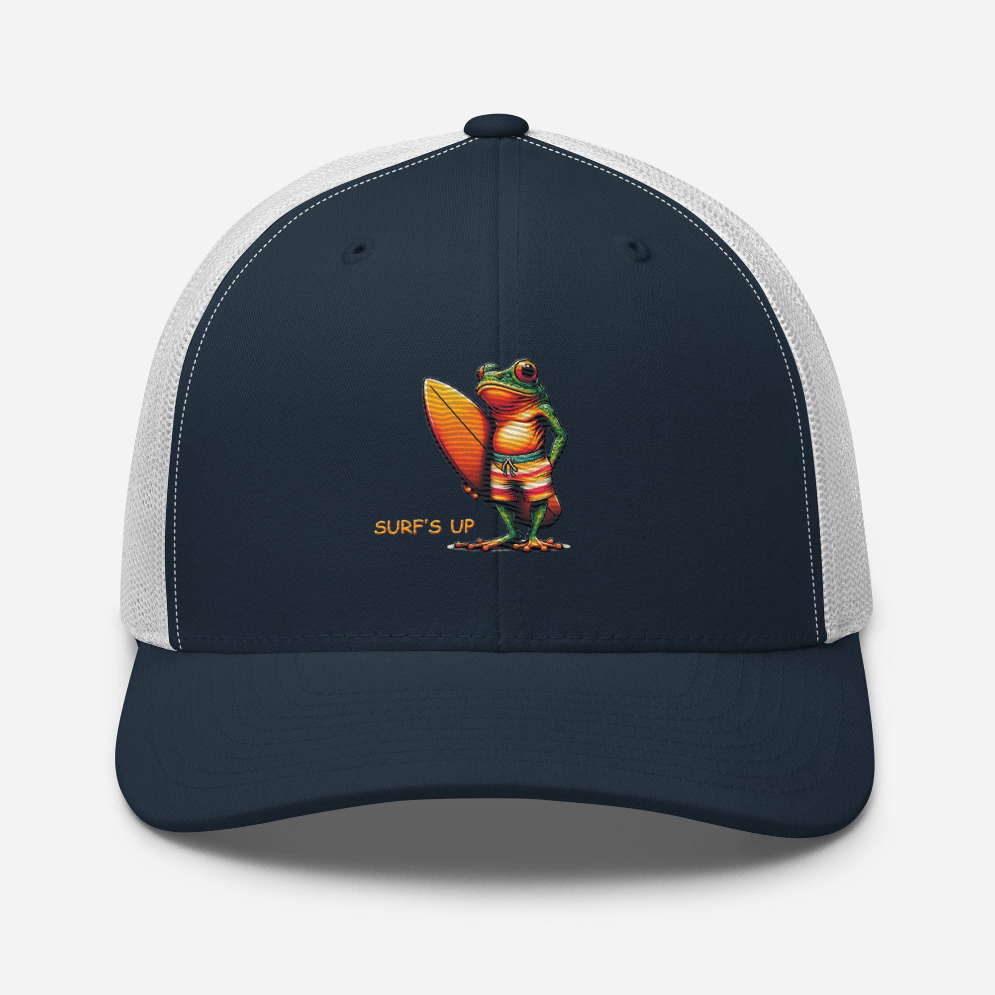 Surfs Up Surfing Frog Embroidered Trucker Cap by Trini Skies, Adjustable Mesh Back Cap - Triniskies