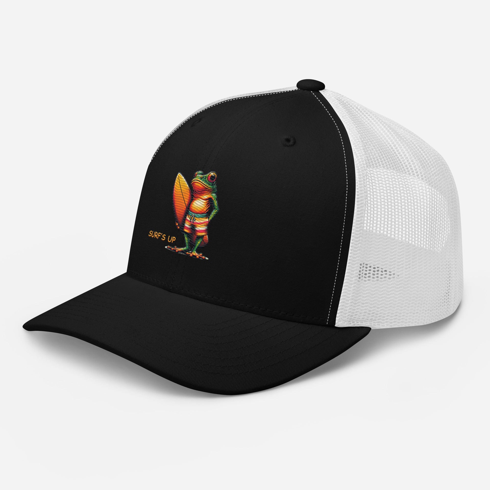 Surfs Up Surfing Frog Embroidered Trucker Cap by Trini Skies, Adjustable Mesh Back Cap - Triniskies