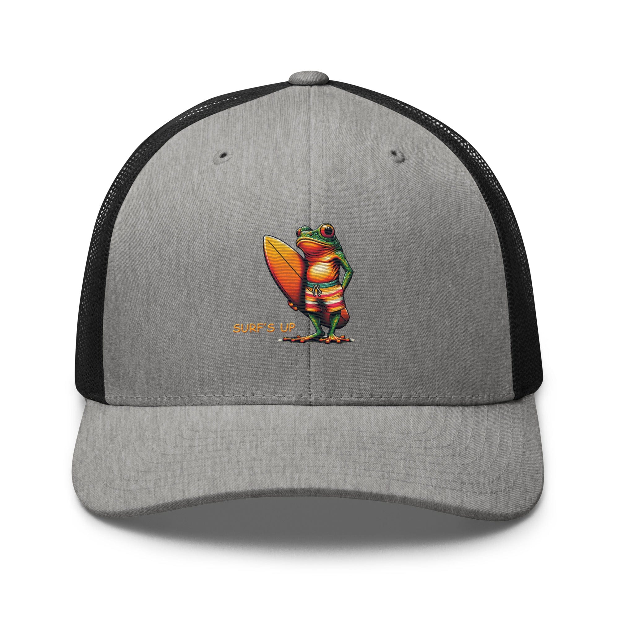 Surfs Up Surfing Frog Embroidered Trucker Cap by Trini Skies, Adjustable Mesh Back Cap - Triniskies