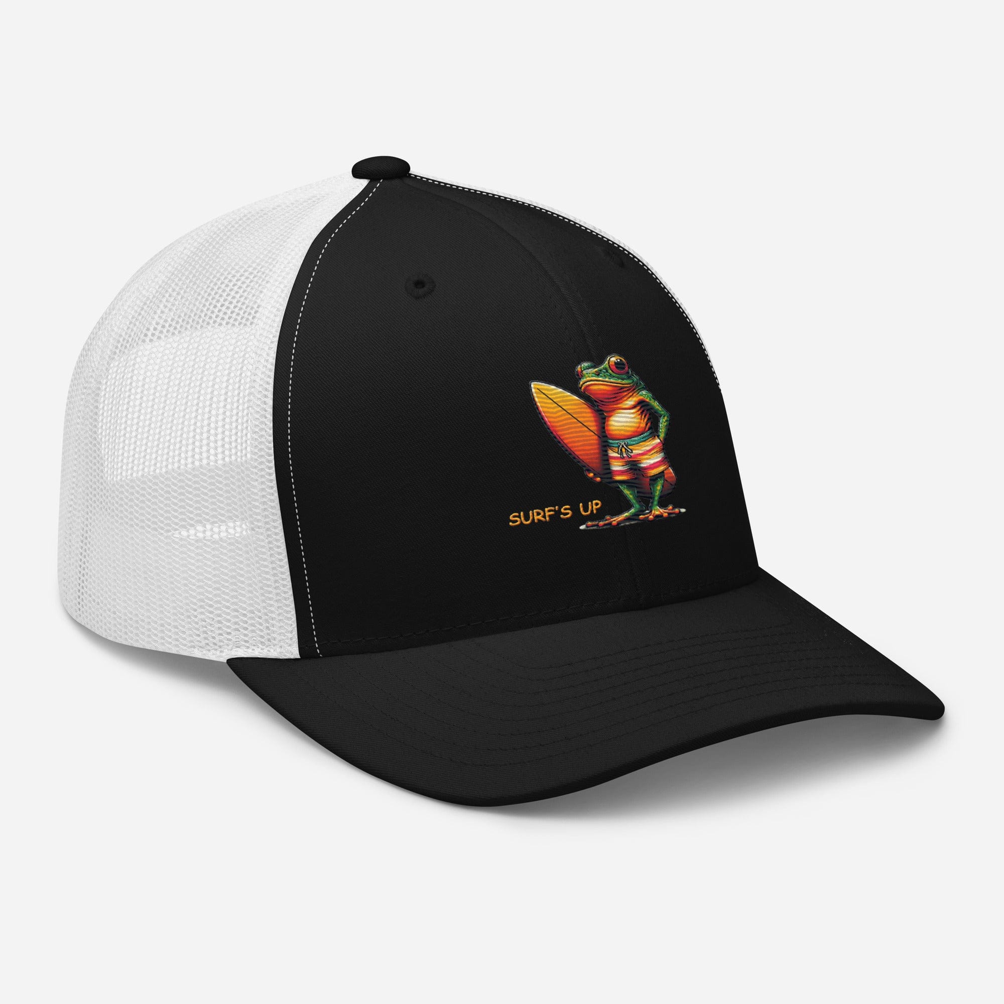 Surfs Up Surfing Frog Embroidered Trucker Cap by Trini Skies, Adjustable Mesh Back Cap - Triniskies