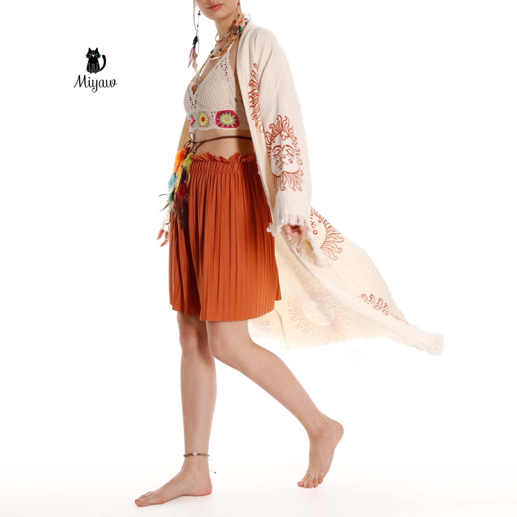 Unique Sun Stamped Organic Cotton Kimono Robe – Eco Boho Resortwear - Triniskies
