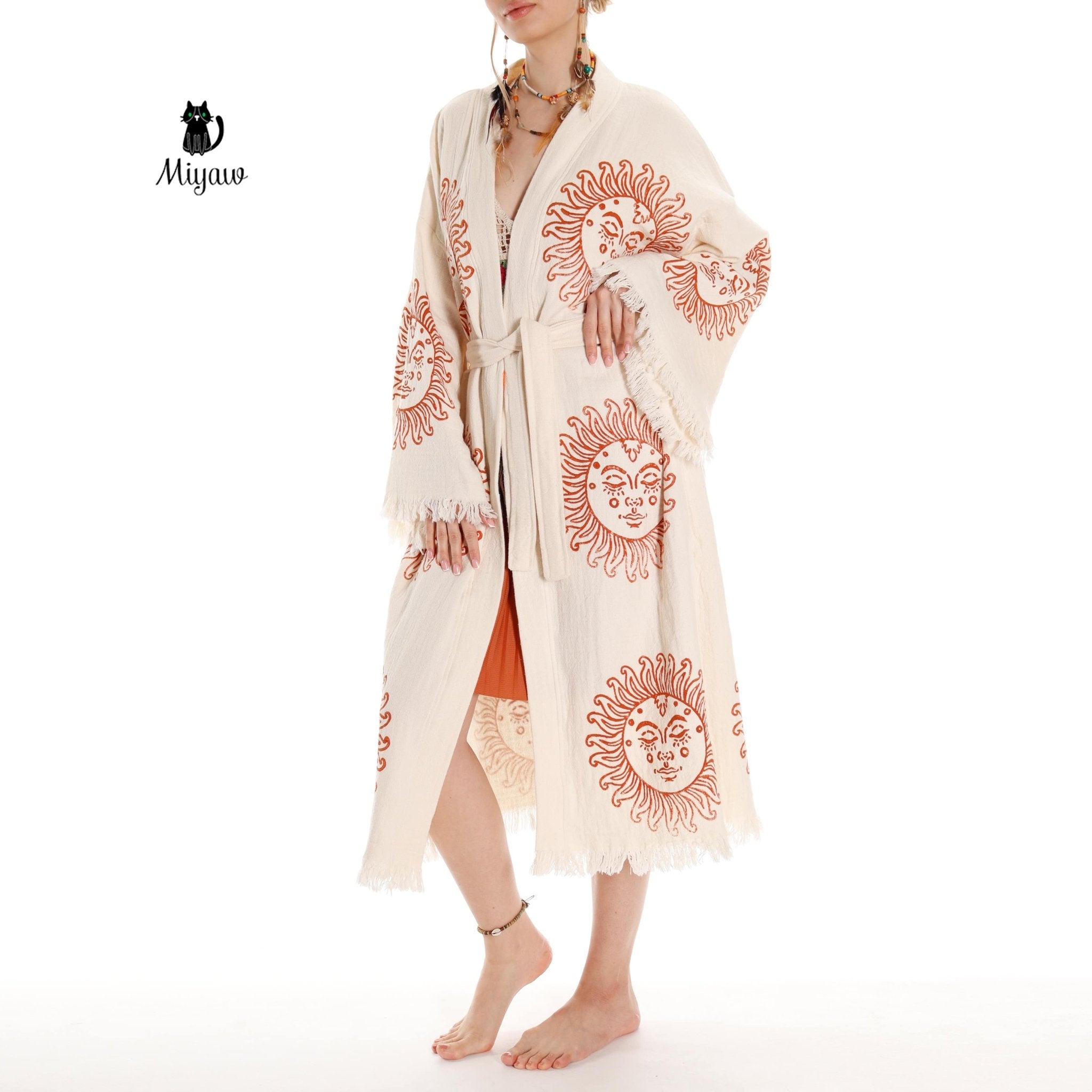 Unique Sun Stamped Organic Cotton Kimono Robe – Eco Boho Resortwear - Triniskies