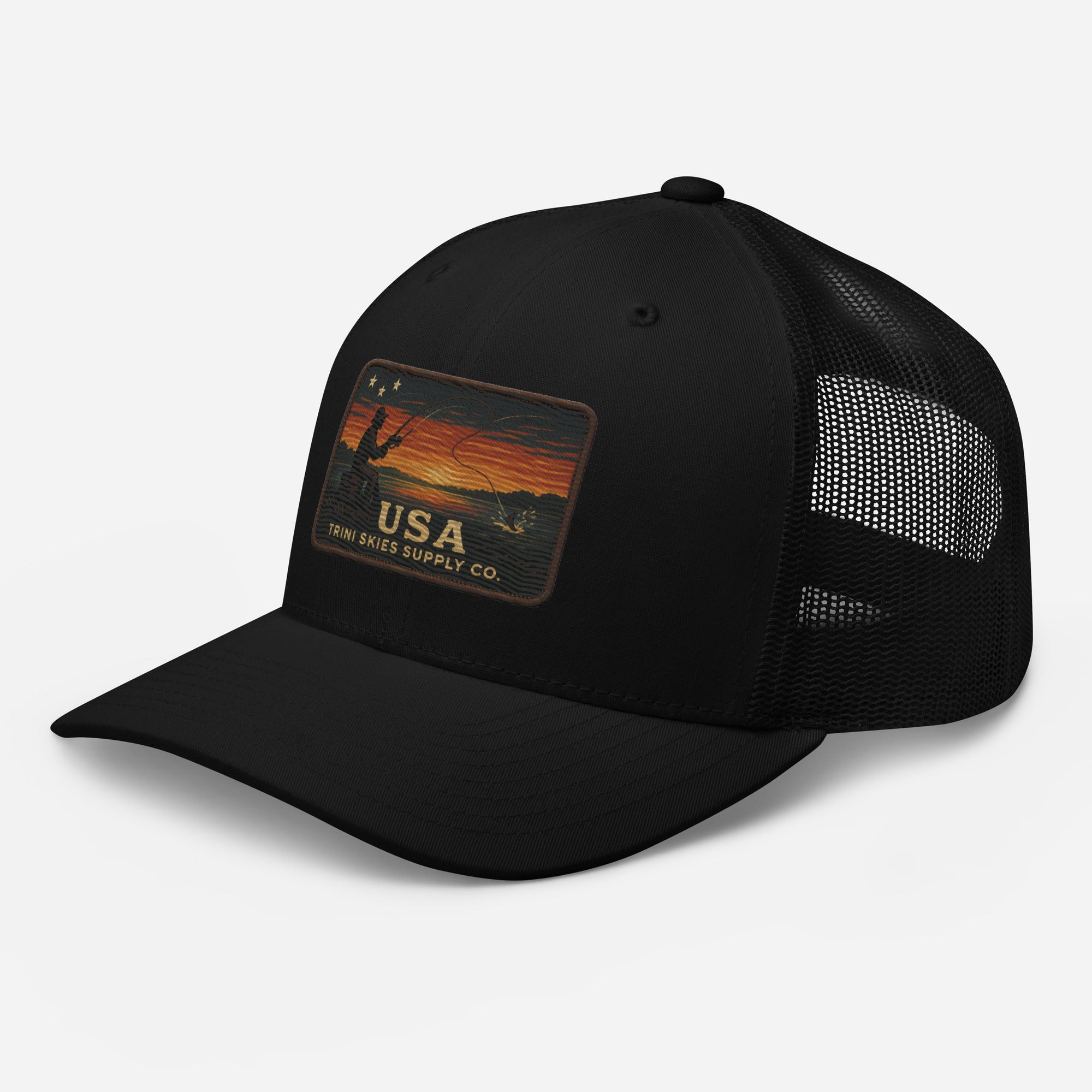 USA Fishing Patch Hat – Yupoong Retro Trucker | Lightweight Patriotic Cap | Trini Skies Heritage Waters Spring Edition - Triniskies
