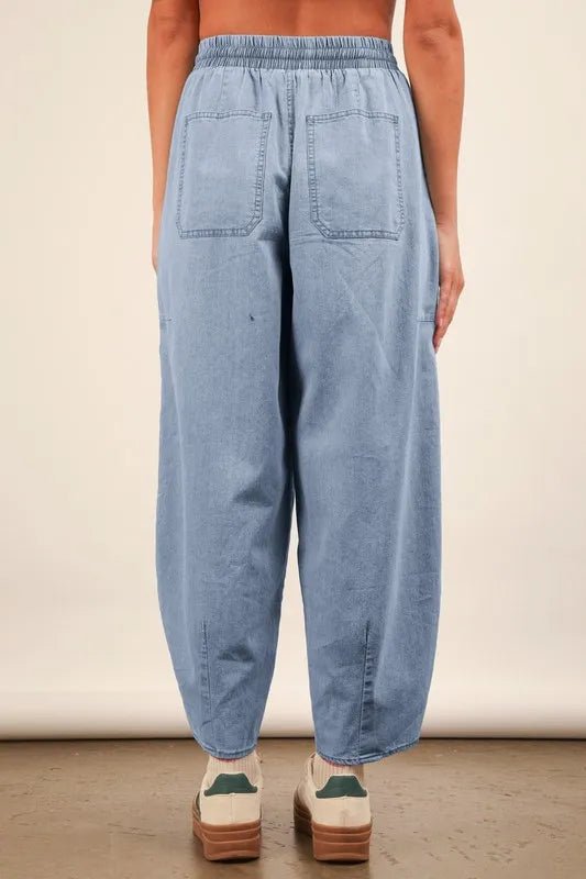 VERY J Washed Chambray Barrel Denim Pants | Trini Skies Resortwear - Triniskies
