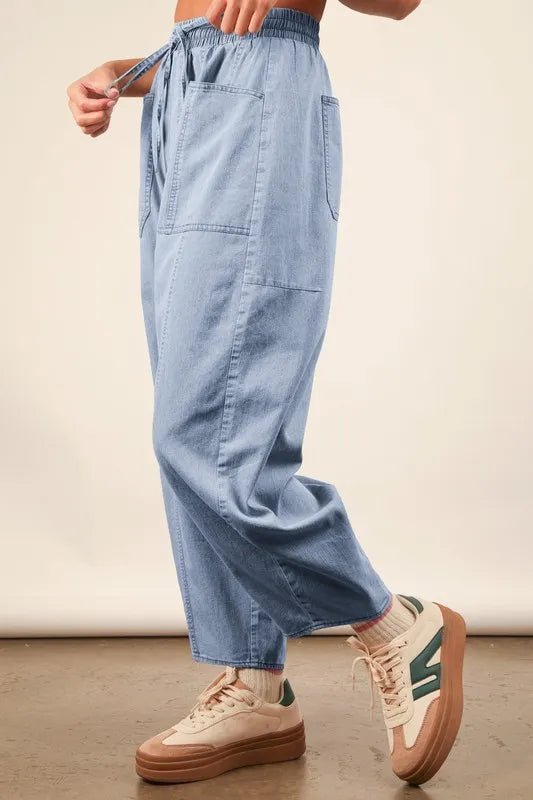 VERY J Washed Chambray Barrel Denim Pants | Trini Skies Resortwear - Triniskies