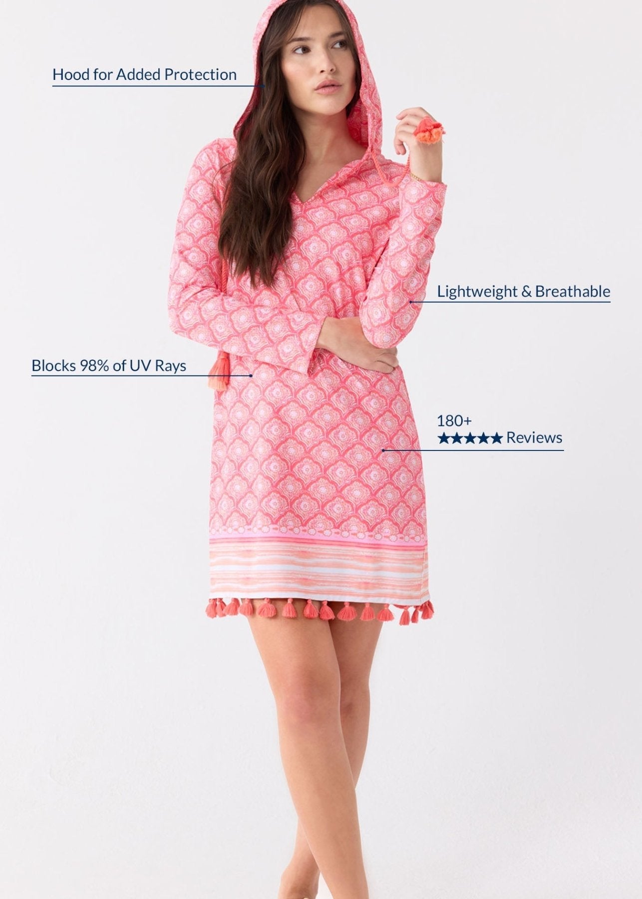 Women's UPF 50+ Hooded Cover Up Beach Dress Pink Coral Tassel - Triniskies