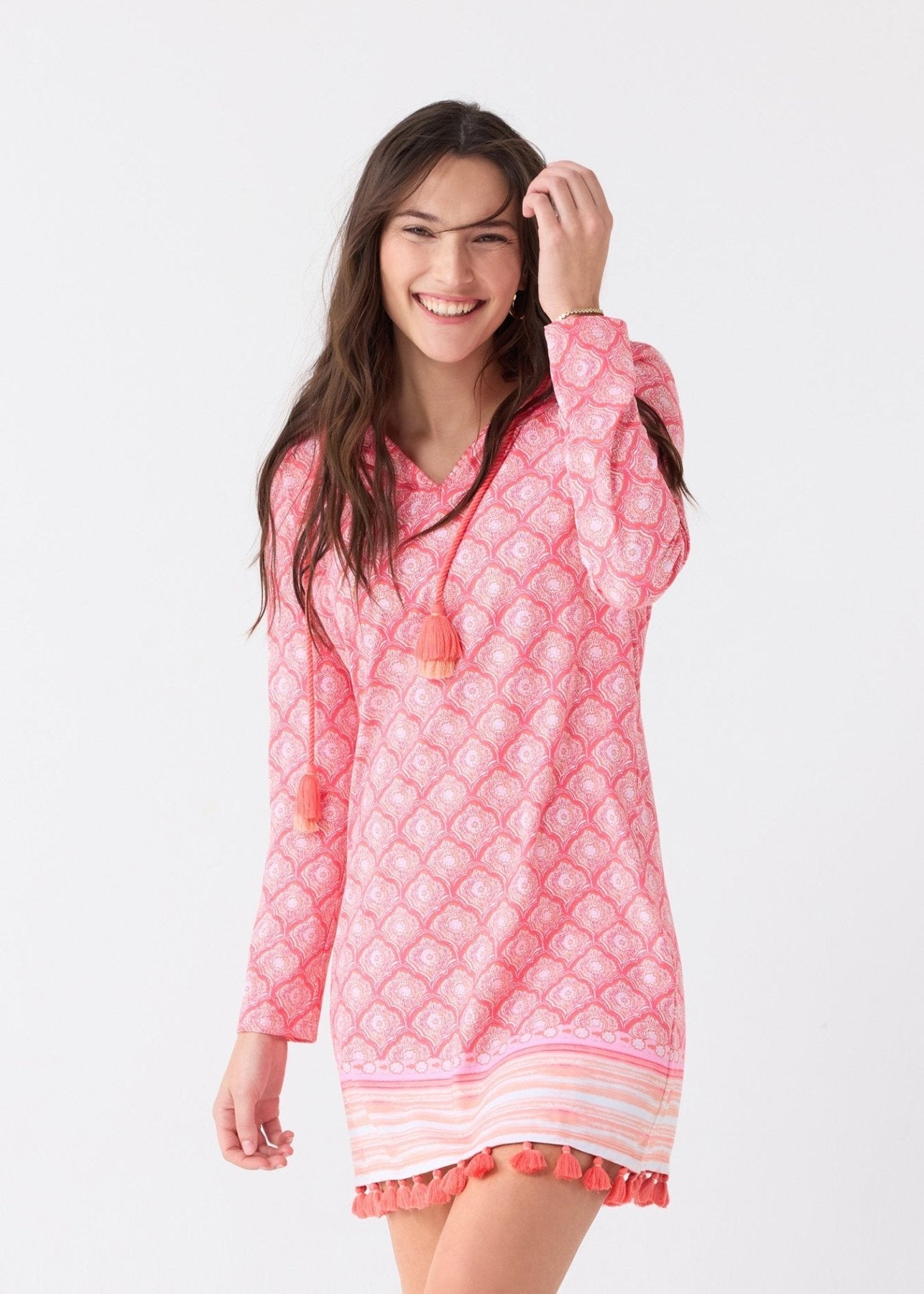 Women's UPF 50+ Hooded Cover Up Beach Dress Pink Coral Tassel - Triniskies