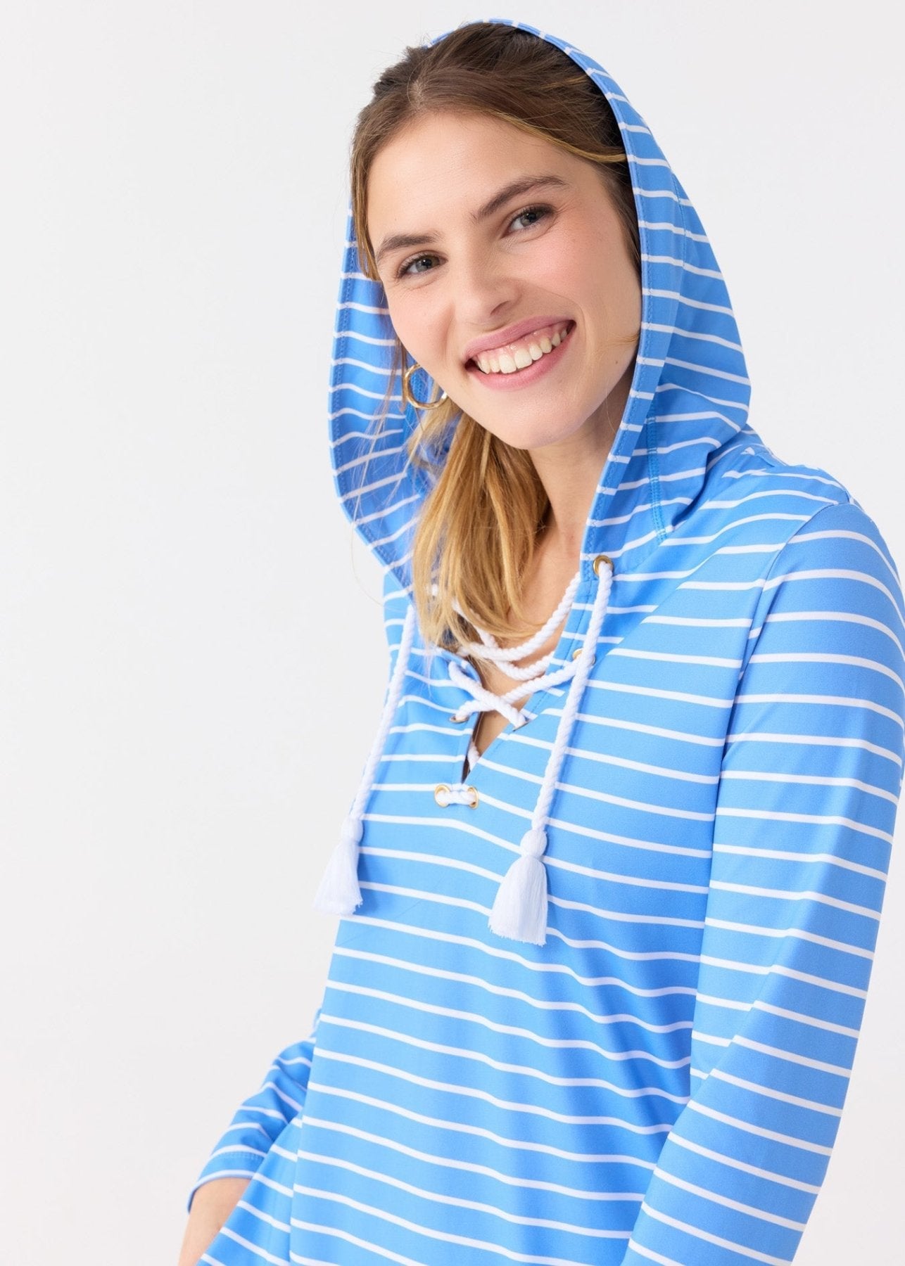 Women's UPF 50+ Hooded Cover Up Lace Up Beach Dress Stripe - Triniskies