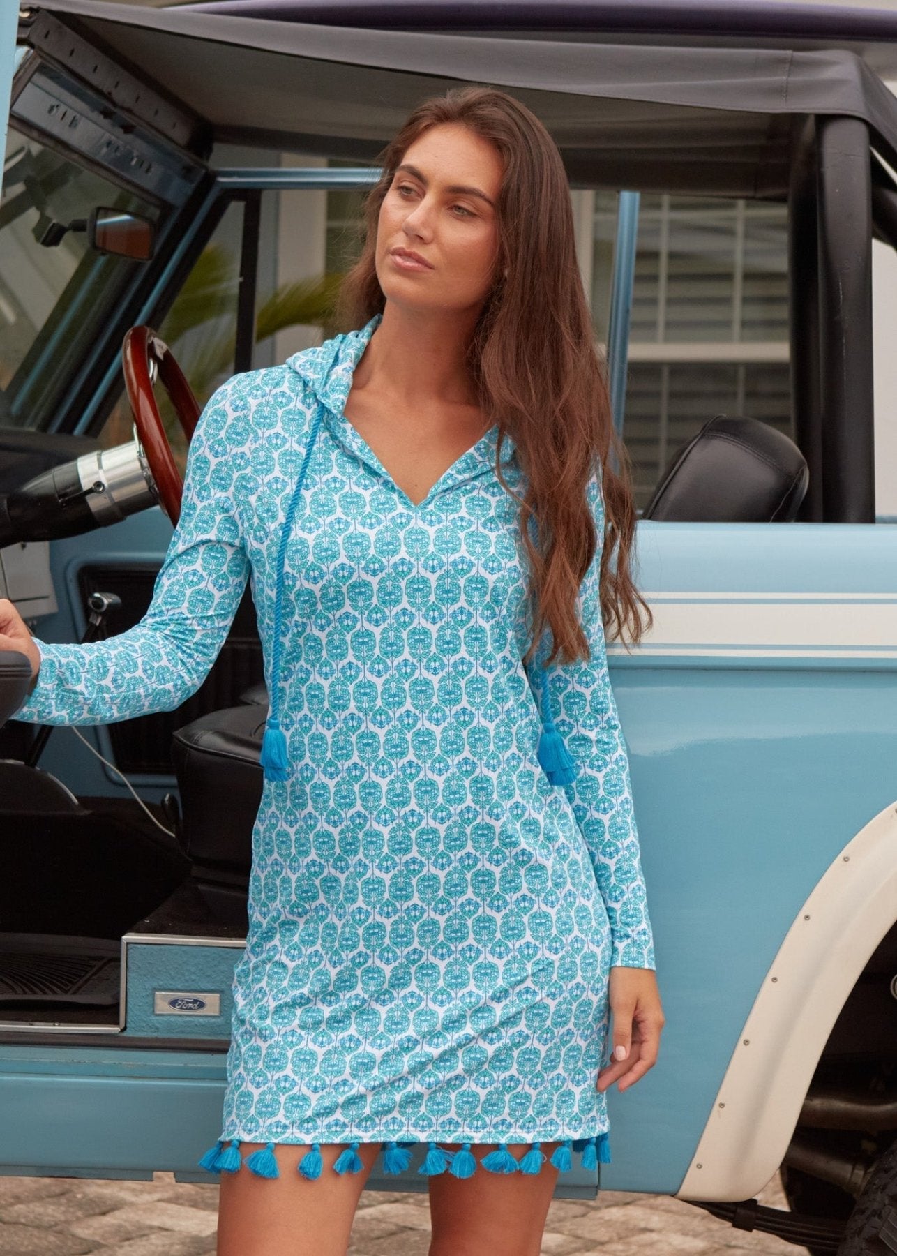 Women's UPF 50+ Hooded Cover Up Long Sleeve Beach Dress Tassel - Triniskies