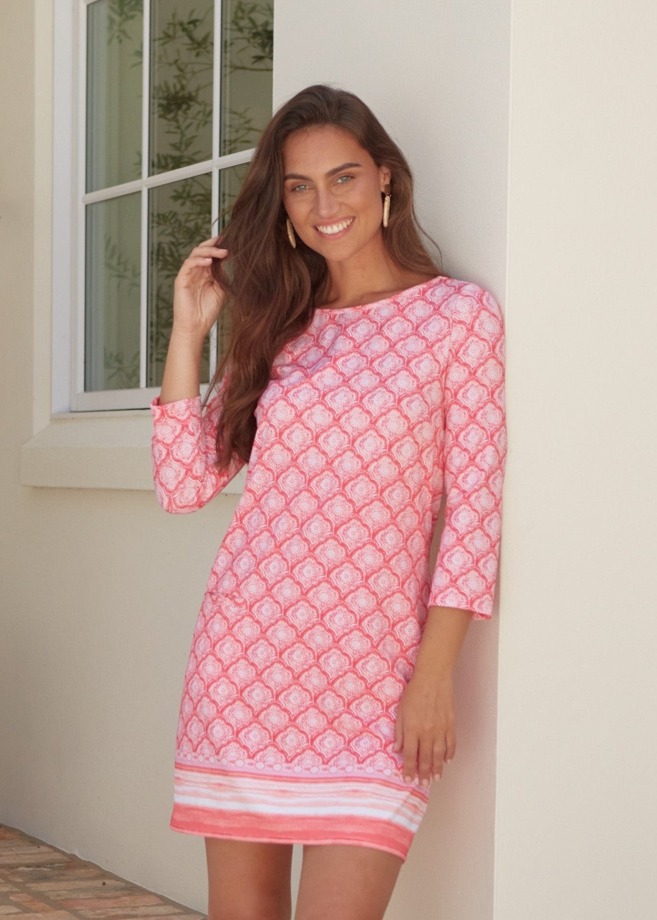 Women's UPF 50+ Shift Dress 3/4 Sleeve Tile Print Cover Up - Triniskies